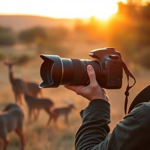 Photographer using a telephoto lens to photograph wildlife in a natural environment